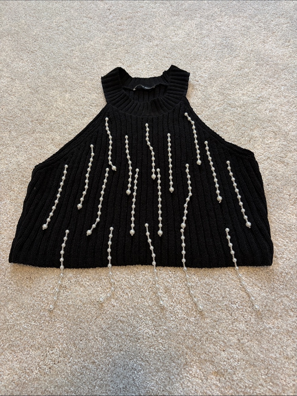 Zara Black Ribbed Halter Tank with Pearl Strands